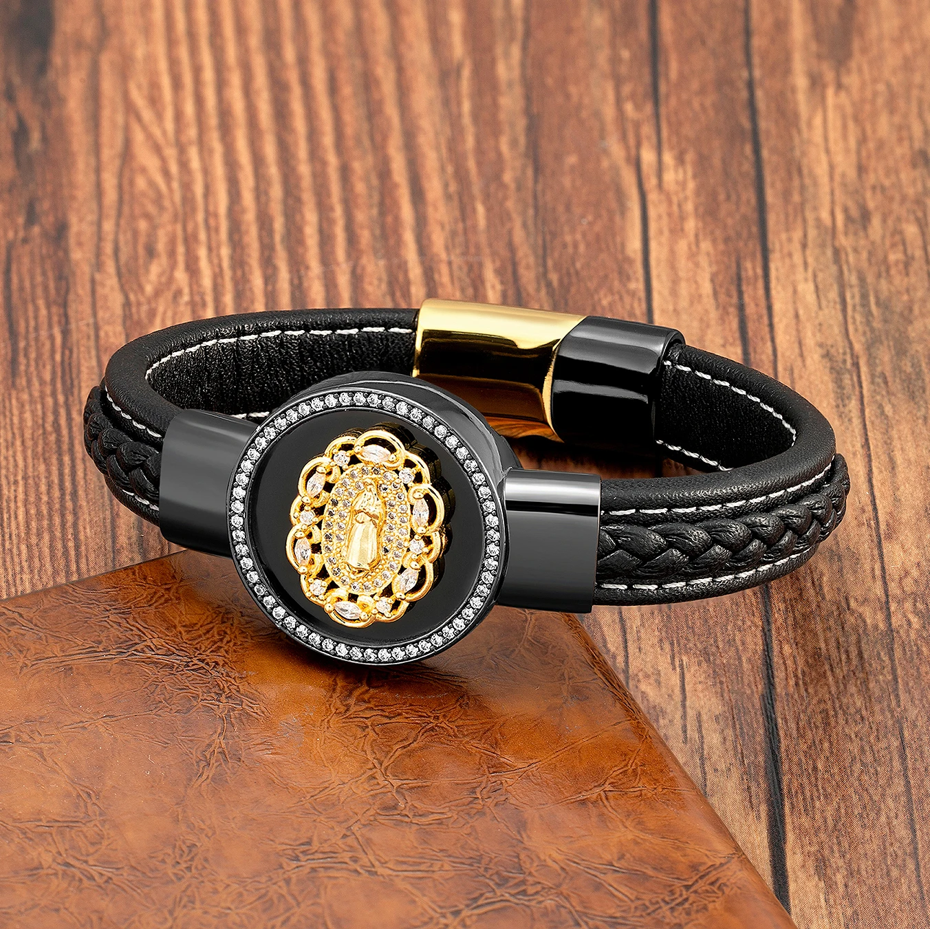 Bracelet Jewelry Jesus Charm Cubic Zirconia Men Bracelet Round Natural Stone Black Leather Bracelets Bangles For Women