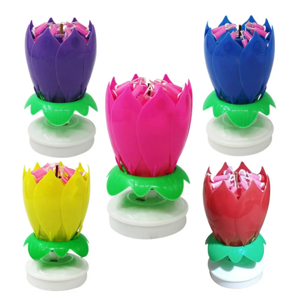 Многоцветная вращающаяся Свеча для торта в форме лотоса музыкальная цветка