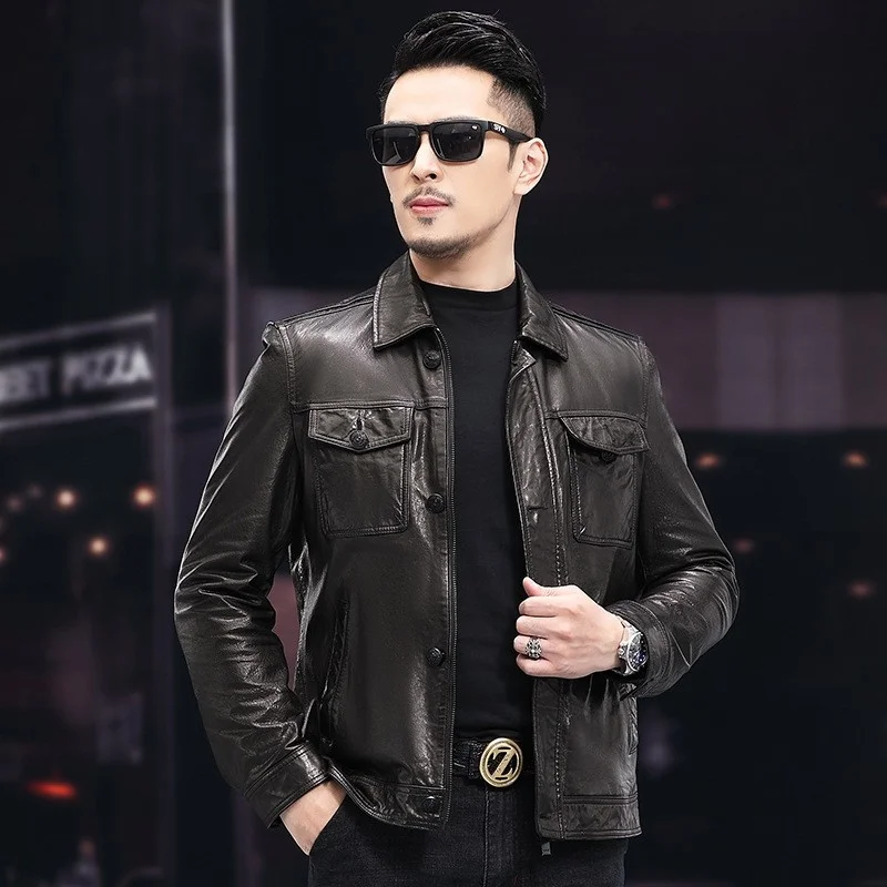 

Mens Punk Classic Motorcycle Bikers Coat Turn-Down Collar Genuine Leather Jacket Men Slim High Quality Natural Sheepskin Coats