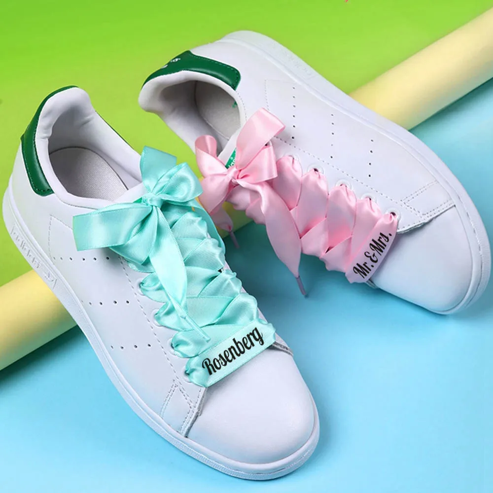 1 Pair Personalized Silk Satin Shoelaces 2CM Width Ribbon Shoe laces Text Candy Color Boots Women Sneakers