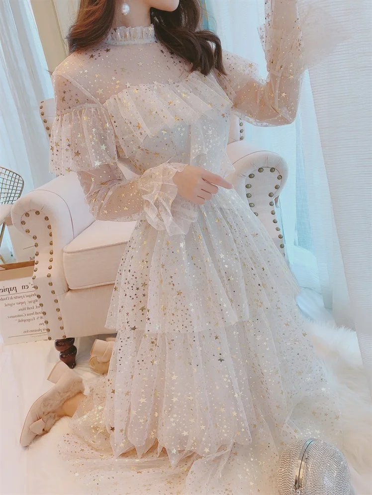 

Butterfly Sleeve New 2020 Stars Glitter Mesh Dresses Ruffles Stand Collar Layered Cake Dress Sweet Fairy Lace Midi Dress 132i