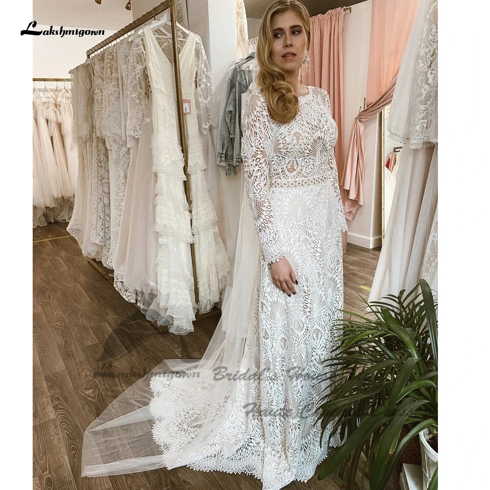 Lakshmigown Luxury Boho Lace Mermaid Wedding Dress Long Sleeve 2022 Sexy Women Bridal Beach Wedding Gowns Backless Robe Mariee bridal shower dress