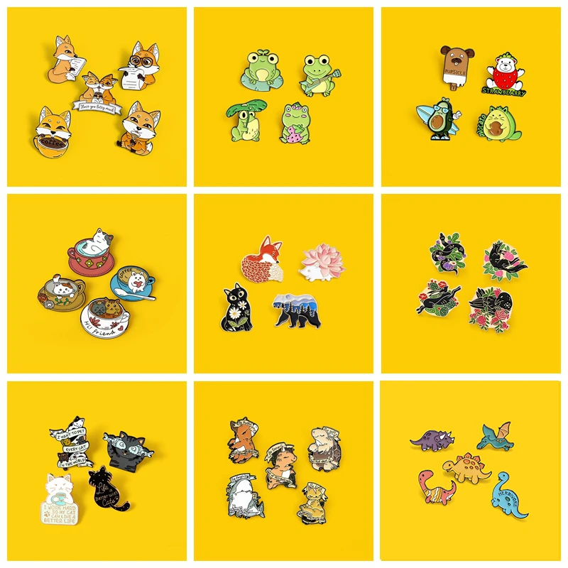 

3-5PCS Enamel Pins Set Frog Cat Fries Fox Backpacks Lapel Pin Animal Plant Brooches Badge Jewelry Gifts for Friends Custom