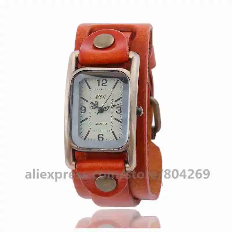 CCQ Vintage Rectangle Leather Bracelet Watch Antique Bronze Dial Women Wrist Watch Quartz Black Watch CCQ 920043 - Цвет: orange