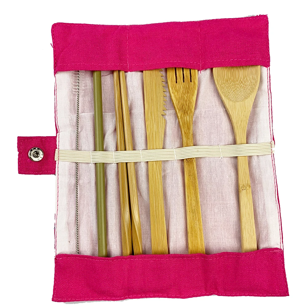 Набор деревянных столовых приборов из 7 предметов, набор столовых приборов из бамбуковой соломы, набор посуды с тканевой сумкой, ножи, вилка, ложка, палочки для еды, для путешествий - Цвет: Rose red