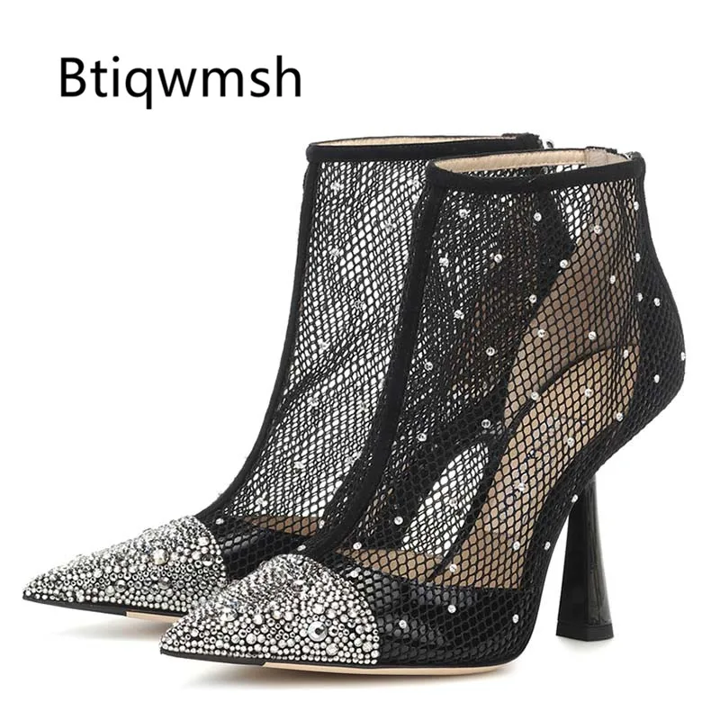 

2019 New Rhinestone Mesh Boots Women Pointed Toe Black White Crystal Strange High Heel Shoes Woman Sexy Party Shoes