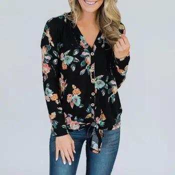 

2019 Autumn Women Floral Print Cardigan Casual V Neck Long Sleeve Single Breasted Button Bow-Tie Loose Slim Coat
