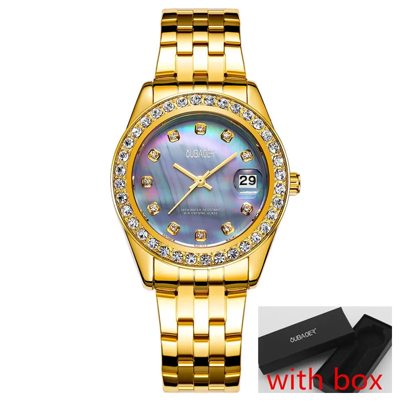 OUBAOER золотые кварцевые часы с бриллиантами для женщин; известный бренд роскошные золотые женские часы Montre Femme relogios femininos - Цвет: gold blue 091A box