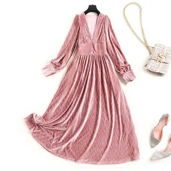 

Elegant Deep V Neck Party Dress Women 2020 New Fashion Long Sleeve Solid Casual Midi Aline Dress Autumn Clothes