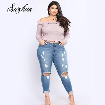 

New fashion torn knee curl light blue tight summer imitation old slim curl pencil pants hollow street jeans plus size 7XL