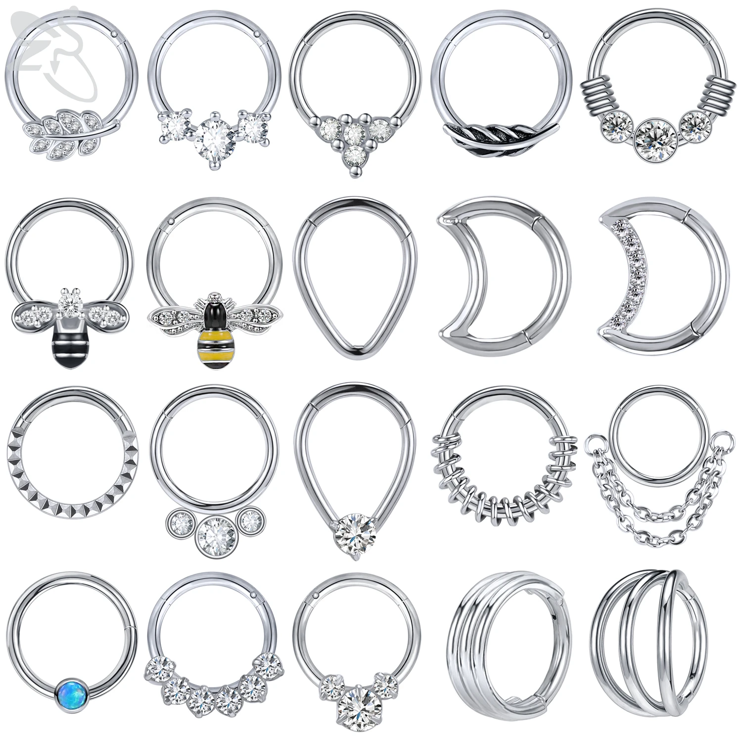 Piercing Jewelry 1 PC 316L Stainless Steel Nose Ring Moon Round Septum Clicker CZ Crystal Ear Tragus Cartilage Helix Lip Piercing Jewelry 8MM