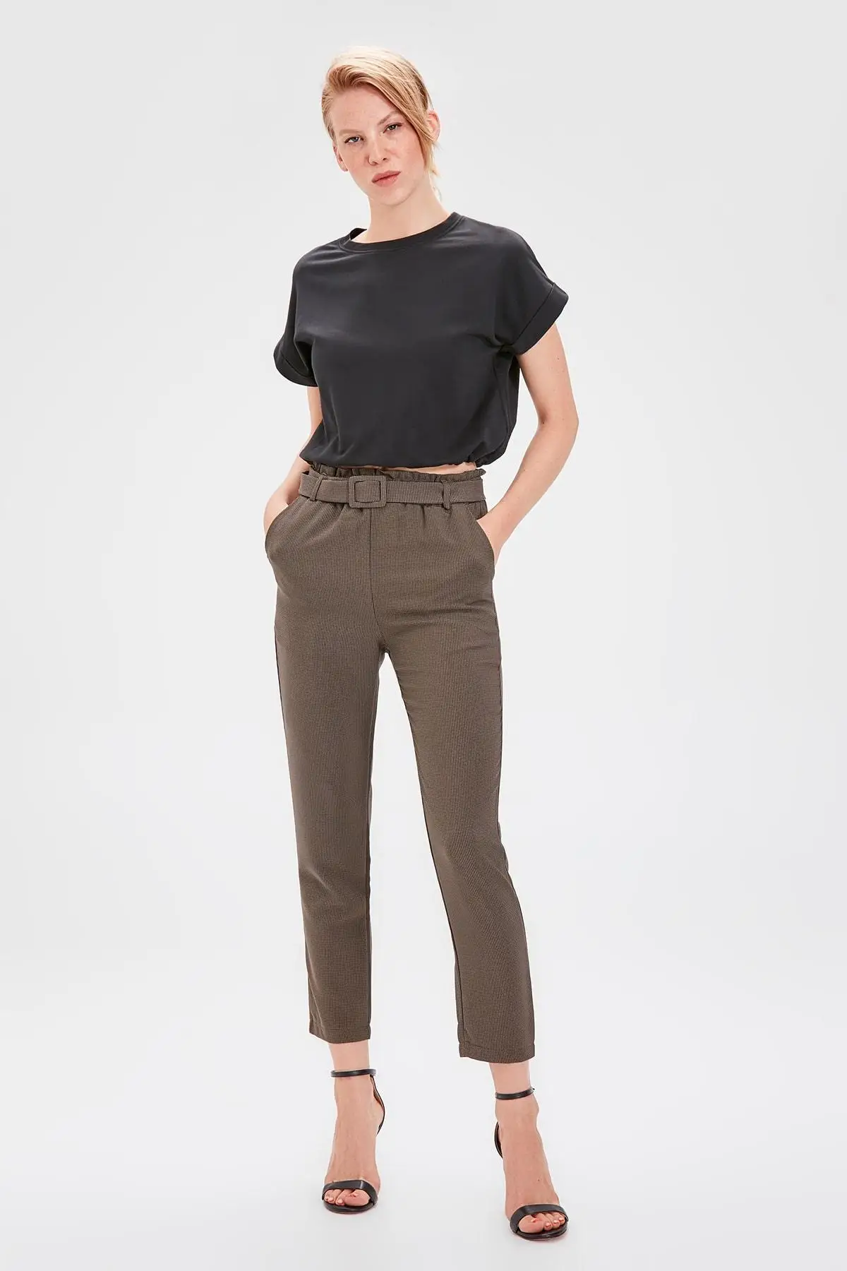 Trendyol хаки гусиный столб узорные брюки TWOAW20PL0297