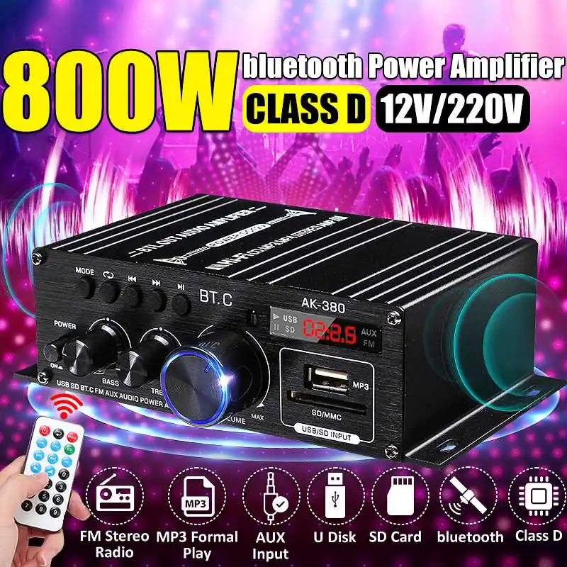 800W AK35 Home Car Amplifiers 2 Channel bluetooth 5.0 Surround Sound FM USB Remote Control Mini HIFI Digital Amplifier Stereo