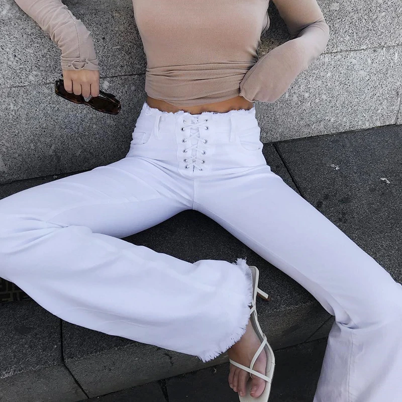 Weekeep бандажные белые джинсы с высокой талией женские уличные широкие брюки джинсы с завязками на талии женские брюки