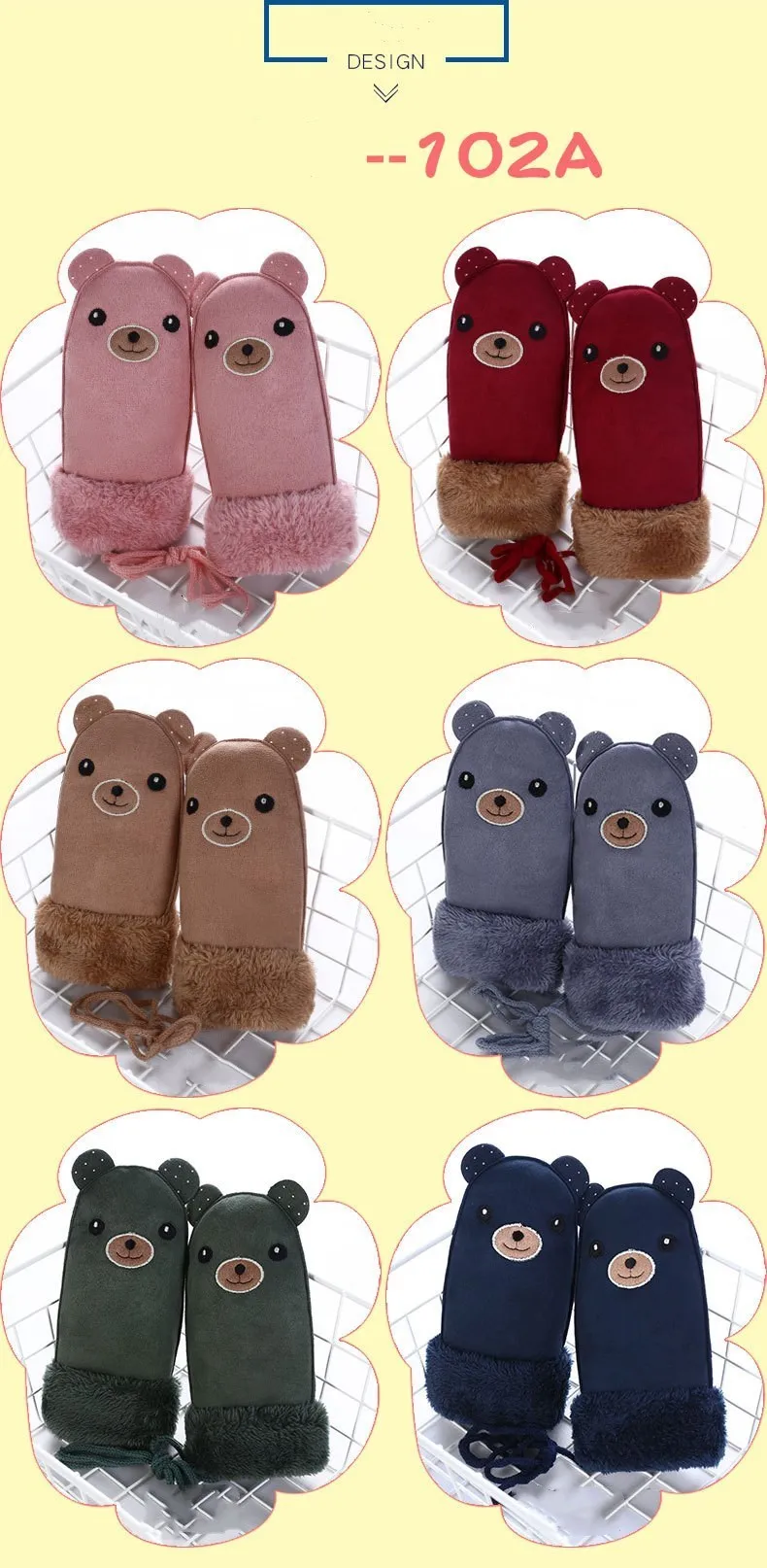 Детские зимние перчатки кожаные перчатки с рисунком медведя плюс бархатные толстые теплые на шнурке варежки Guantes Invierno Luvas De Inverno