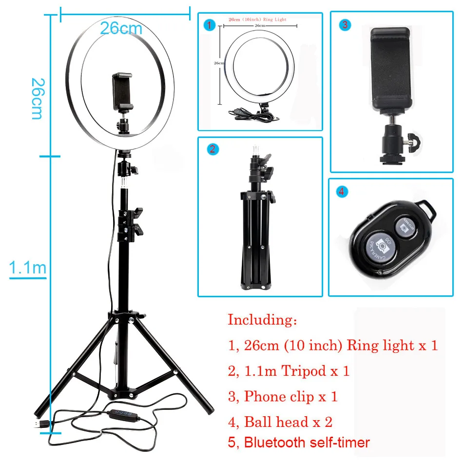 Светодиодный кольцевой светильник для селфи, видео на Youtube, освещение для фотосъемки в студии, светильник для телефона, кольцо со штативом для iphone, смартфона, макияж - Цвет: Black