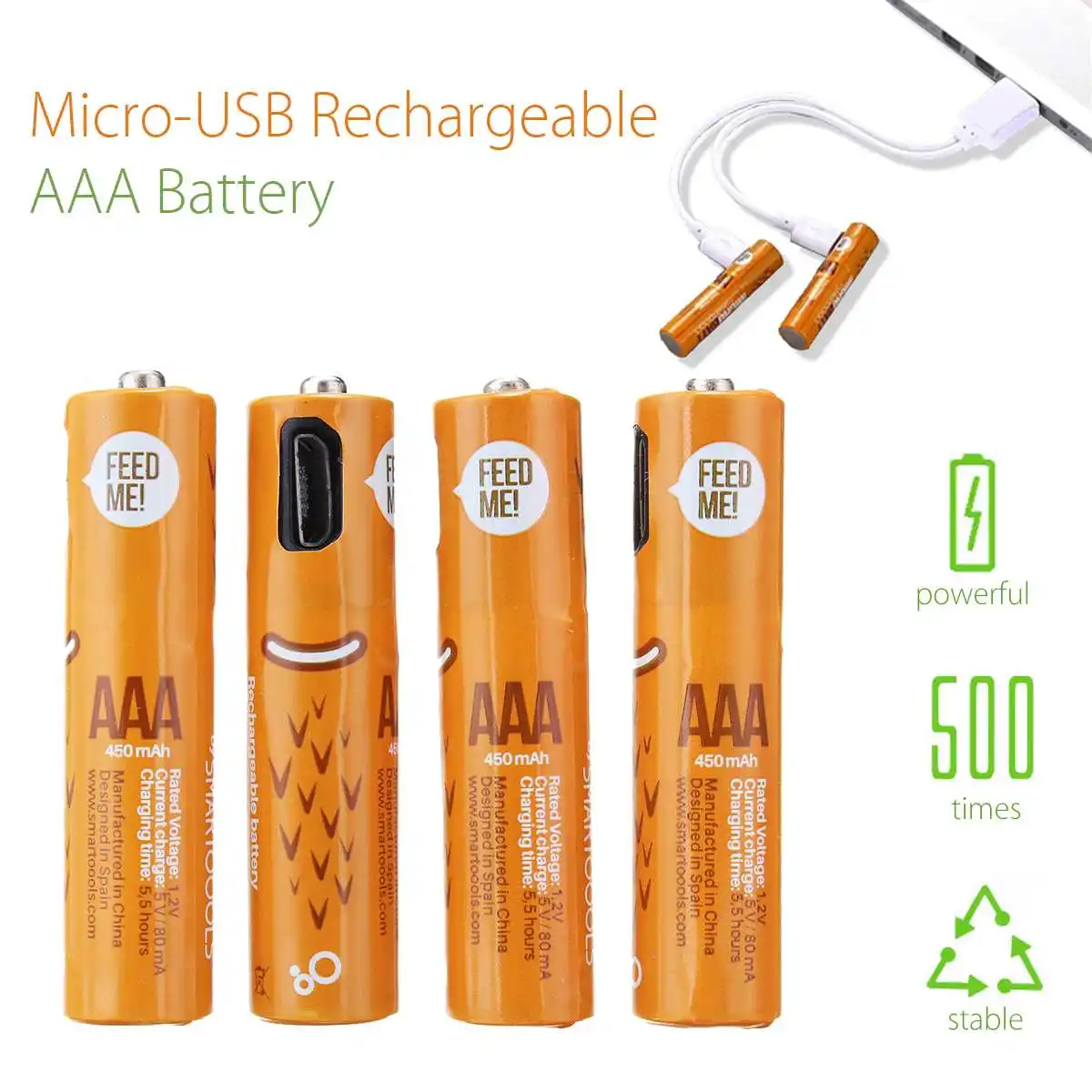 4 шт./лот 1 2 V 450mAh перезаряжаемые USB батареи Ni-MH 500 повторное использование Быстрая