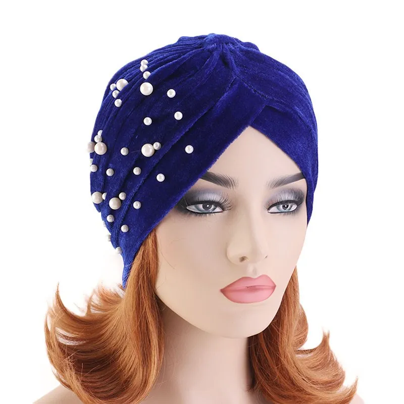 

2020 New Women Ruffle Velvet Pearls Turban Caps Islamic Twist Hijab Bonnet Stretchy Beading Headscarf Warp African Indian Hat