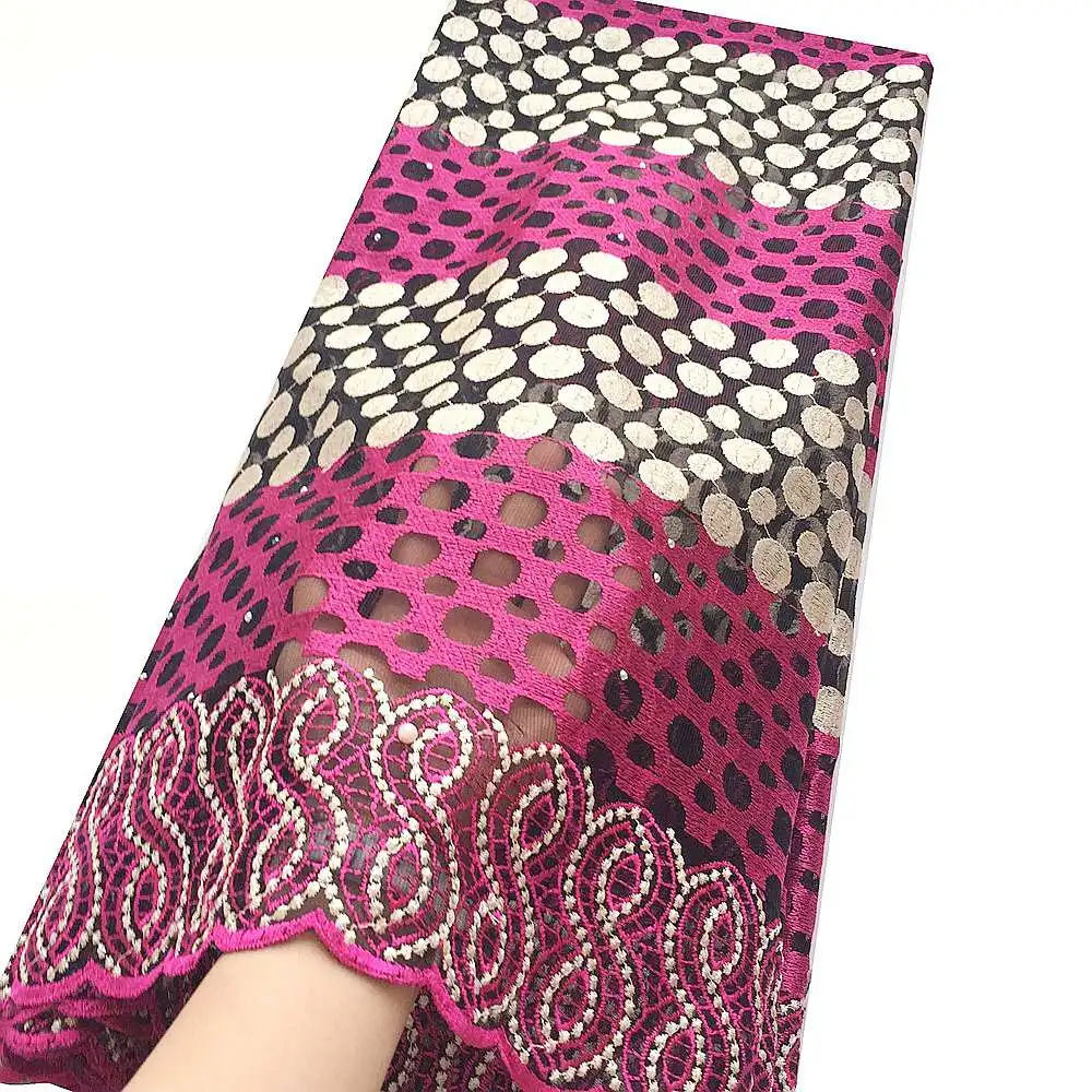 Белая африканская кружевная ткань Высококачественная кружевная французская сетчатая ткань украшенный розовым бисером камни нигерийская швейцарская кружевная ткань для платья - Цвет: Fushia pink