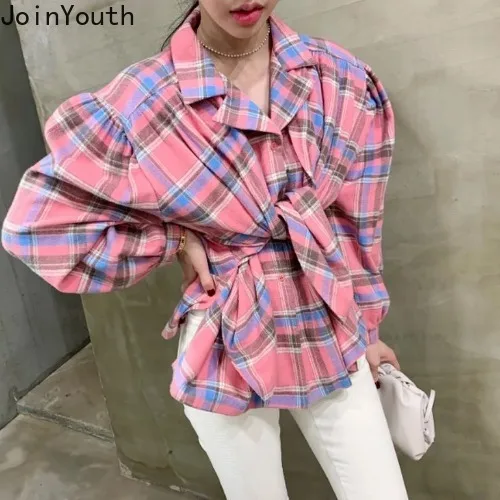 

Joinyouth Plaid Women Blouse Single Breasted Korean Causal Blusas Tops Cross Bandage 2019 Autumn Contrast Color Shirt 56931