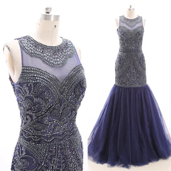 

MACloth Dark Navy Mermaid O Neck Floor-Length Long Crystal Tulle Prom Dresses Dress M 269038 Clearance