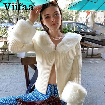 

Viifaa Faux Fur Collar and Cuff Button Up Apricot Cropped Cardigan Women 2020 Autumn Winter Slim Tops Knitted Sweater