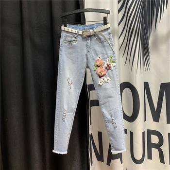 

Fahion Flower Beads Jeans Pants Women 2020 Spring New Style Holes Skinny Trousers High Waist Pencil Pants Girls Students