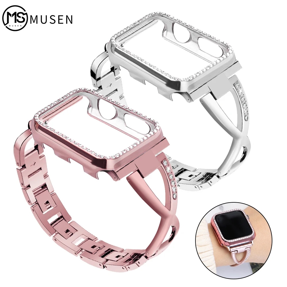 

Band + Case Metal Bracel For Apple Watch Series 6 5 4 3 2 1 Strap 42mm 44mm Diamond Ring 38mm 40mm Stainless Steel Strap iwatch