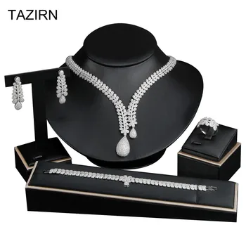 

Classic Cubic Zirconia Dubai Bridal Jewelry Sets Crystal 4 Pcs Necklace Bracelet Earrings and Rings Jewelry Gift Sets for Women