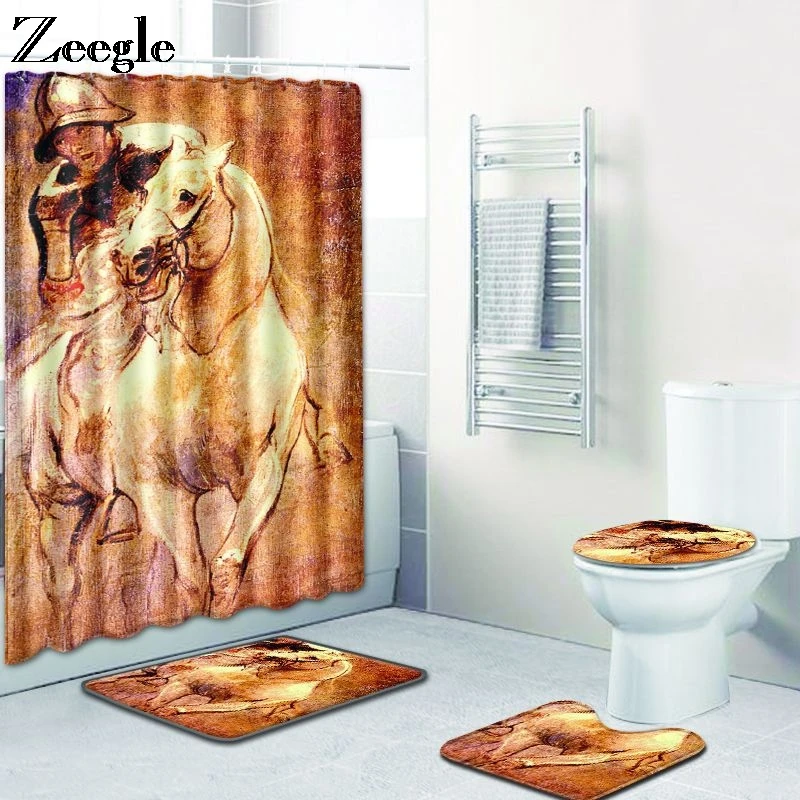 Zeegle Animal Bath Mat Set with Curtain Toilet Pedestal Rug Bathroom Shower Mat Waterproof Curtain Toilet Seat Cover Toilet Set