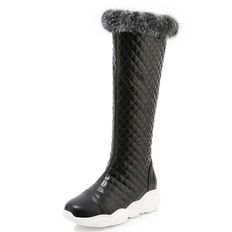 Большие размеры; новые черные и белые зимние сапоги по колено; модные женские туфли на среднем каблуке; Женские однотонные сапоги из искусственной кожи с искусственным мехом