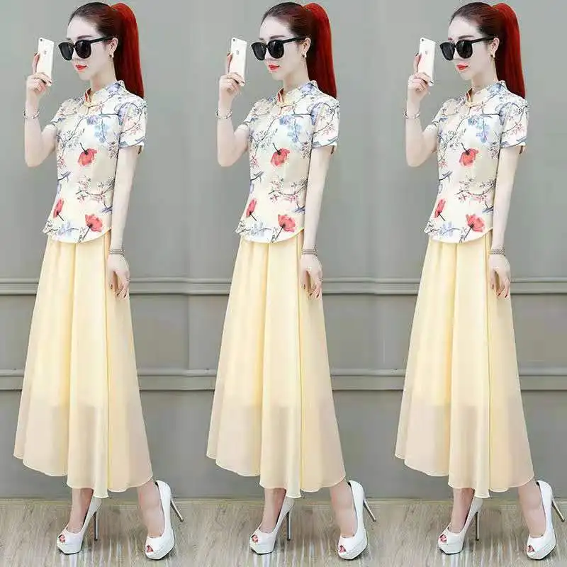 

French Retro Skirt over-the-Knee Two-Piece Set Summer Wear for Women 2020 New Style Summer Very Fairy Cheongsam Improved Dress