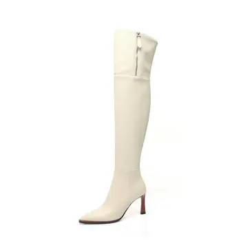 

2021 Women Over the Knee Boots genuine leather Sexy High Heels Zipper Pointed Toe Winter Slim Thigh High Boots Black beige Boots