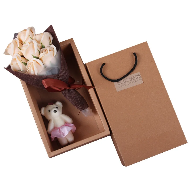 

Artificial Flower 7 Colorful Bath Soap Roses With Bear Cub mother's Day valentine's Day Rose Floral Rose Petal Bouquet Gift Box