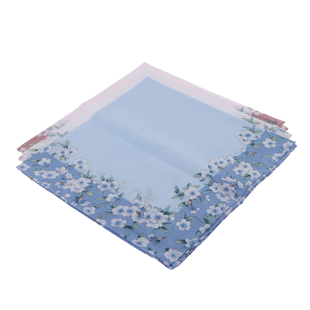 3pc Pink Blue White Handkerchiefs Women Flower Printed Hanky Soft Kerchiefs Wedding Party Hankie 43X43cm Ladies Handkerchief 