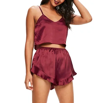 

Women Pajama Suit Young Girl Two Piece Sets Vest+Shorts Home Pullover Ruffles Solid Color Simple Casual Set 2020 Summer