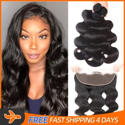 3/4 Bundles With Frontal 13X4 Lace Frontal Body Wave 100% Natural Human Hair 30Inch Baby Hair Handmade Virgin Hair Weave