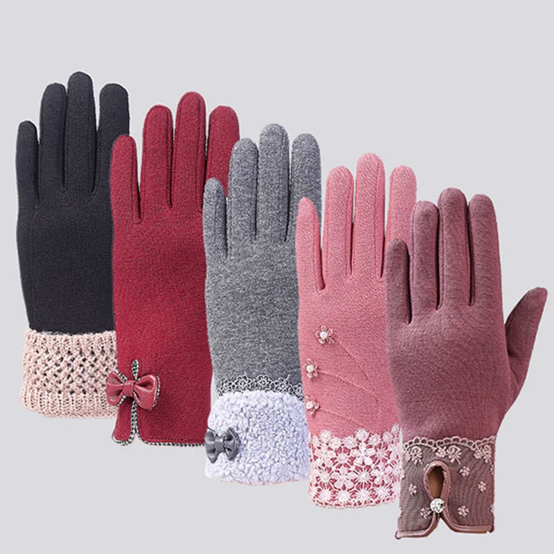 

Winter Autumn Warm Bow Soft Wrist Gloves Mittens Cashmere Full Finger guantes mujer handschoenen Elegant Womens Gloves Screen