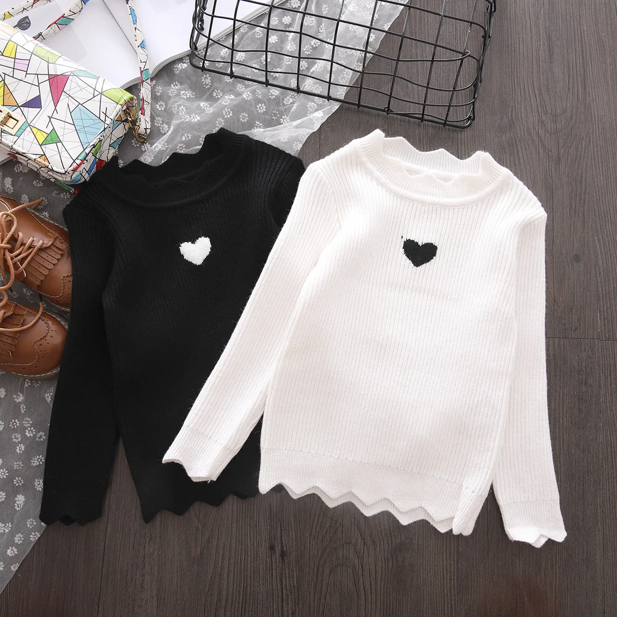 Коллекция года, рубашка для девочек зимний стильный свитер в Корейском стиле с сердечком и высоким воротником зимний стильный Детский свитер для маленьких девочек, My0817