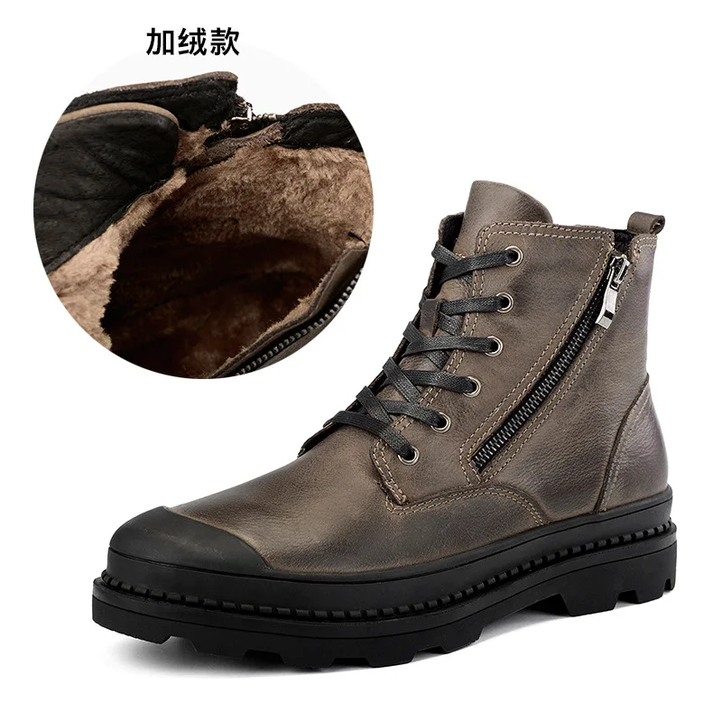 

Large Dock Layer Cowhide Double Zipper 2018 Winter Genuine Leather Martin Boots plus Velvet Anti-slip Breathable MEN'S SHOES Tub