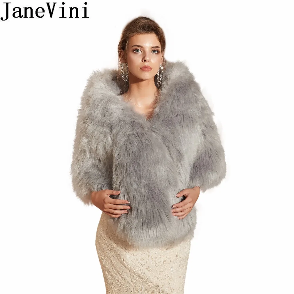 JaneVini зимнее свадебное меховое пальто серое из искусственного меха накидка для невесты Женская вечерняя Куртка болеро верхняя одежда