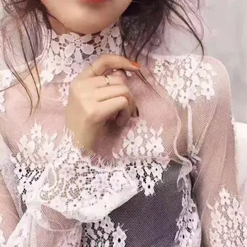 

Women Sexy Stand Collar Long Sleeve Floral Lace Embroidery See Through Blouse