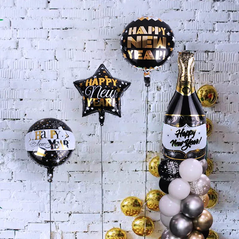 Золотые воздушные шары с новогодним баннером, вечерние украшения года, реквизит для фотостудии, бумажные соломинки для напитков