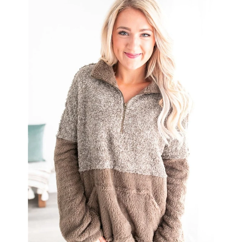 

LITTHING Women Zipper Up Stand Collar Sweaters Pullovers Autumn Winter Warm Plush Loose Cotton Soft Long Sleeve Female Jacket