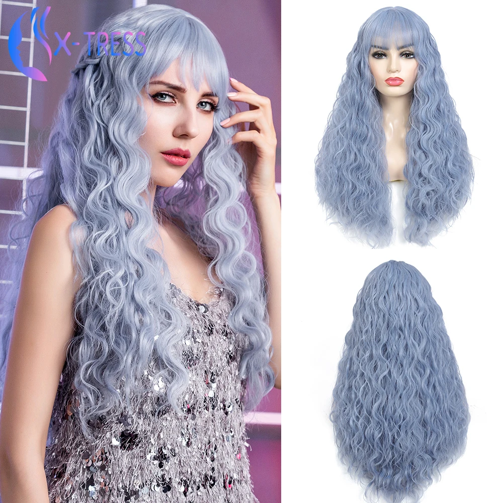 Синтетическая синий парики с челкой Супер Курчавые Волнистые парик Лолита для