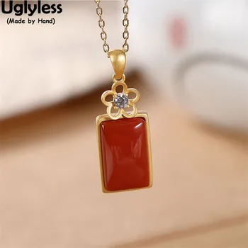 

Uglyless Never Give UP Hollow Little Flowers Necklaces No Chains Square Agate Pendants for Women Gold 925 Silver Rectangle Jewel