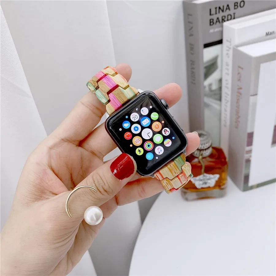 

Ремешок деревянный бамбуковый для apple watch 1 2 3 4 5 6, модный браслет для наручных часов iWatch series SE 38 42 мм, со складной застежкой, 40 44 мм