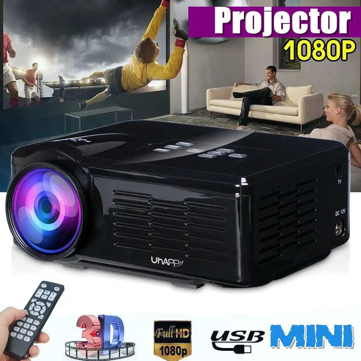

Full HD 1080P LED Mini Projector Home Media Movie Player Proyector Support USB/SD/VGA/AV/Micro USB/TV with Remote Control Beamer