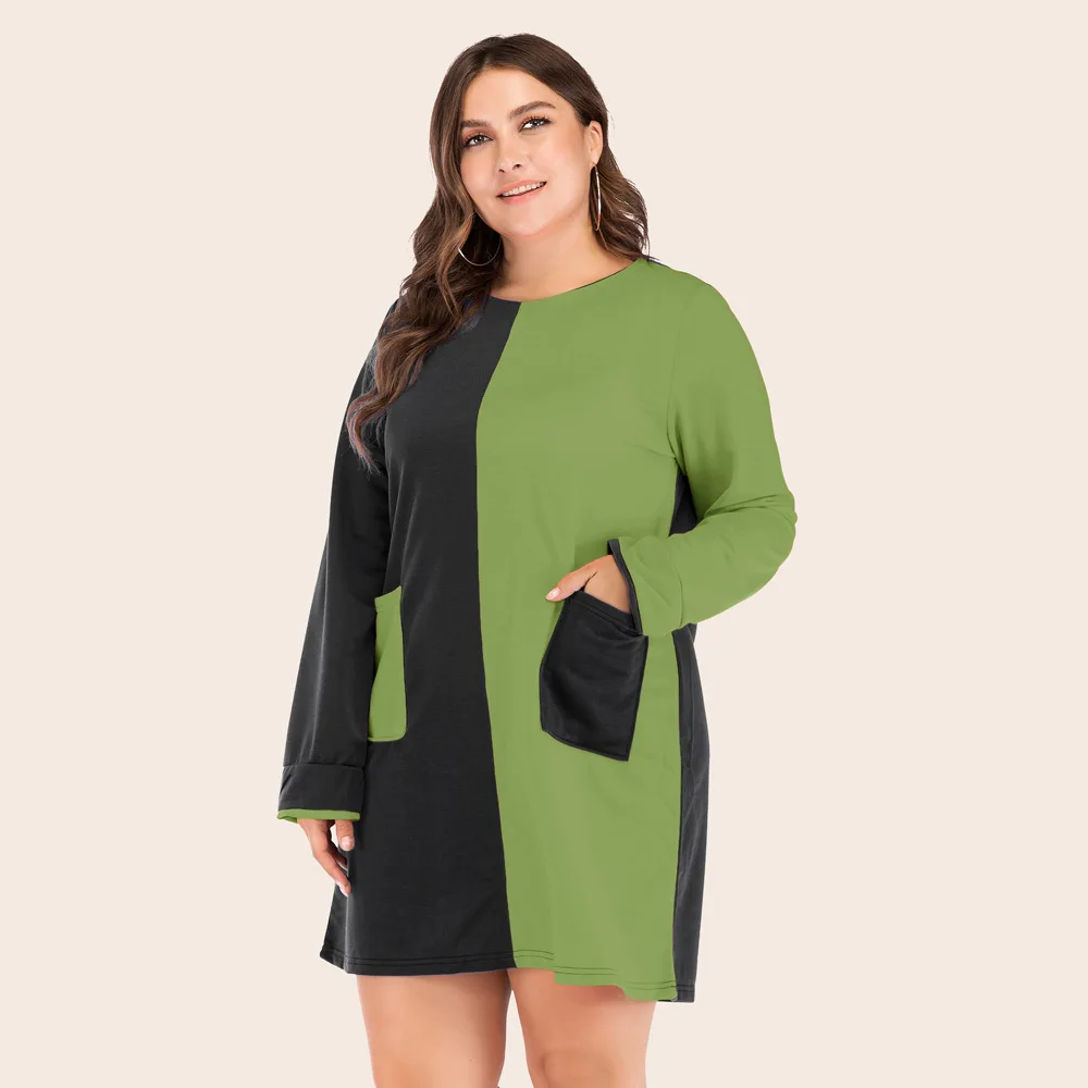 

Spring Autumn Women Dress M To 4XL Plus Size Loose O-neck Contrast Color Long Sleeve Mini Casual Dress TA380