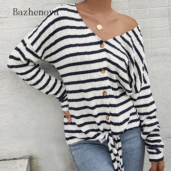

Bazhenova Unique Design Women 2020 Autumn Tshirts For Girls Striped V Neck Button Knot Tops Woman Knitted Fall T-shirt R668